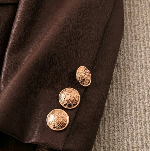 Women's PU Leather Single-Breasted Lapel Blazer - Picture 3 of 7